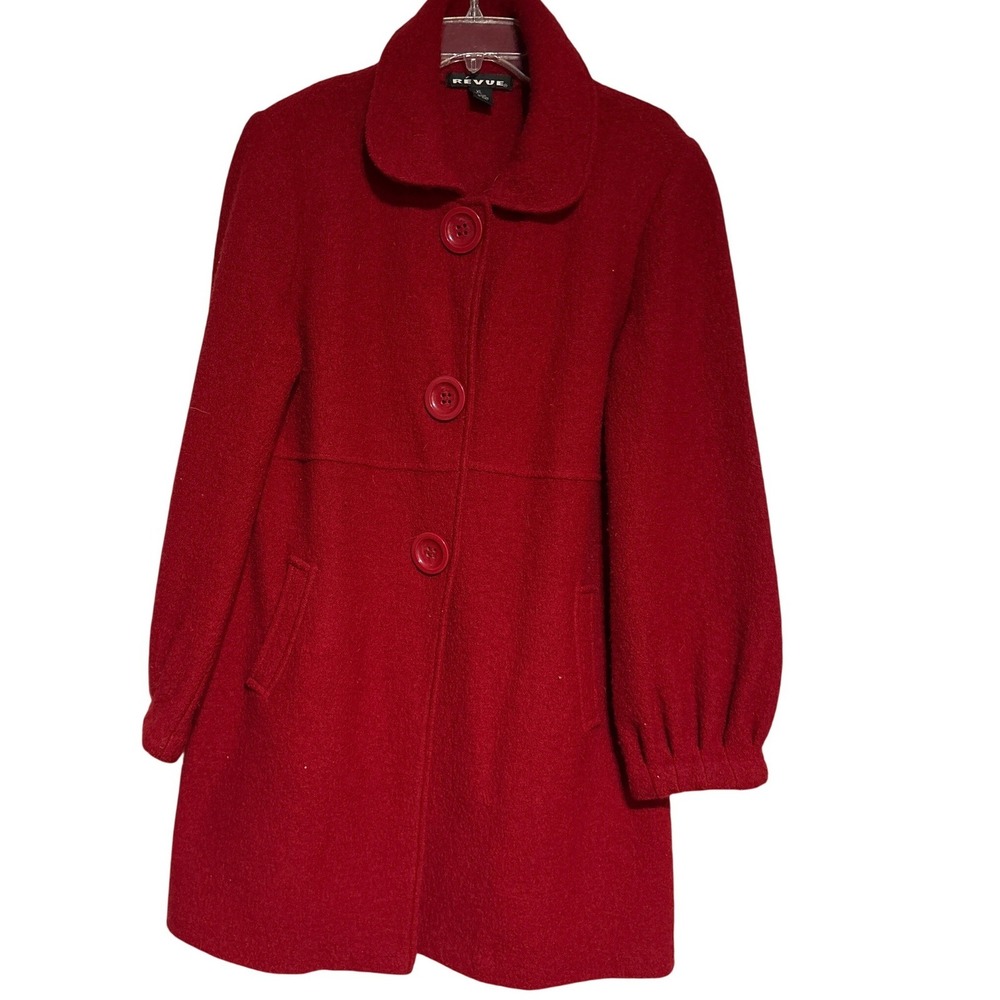 Revue Red Wool Blend Button Front Coat Classic Collar Women's XL‎ Vintage